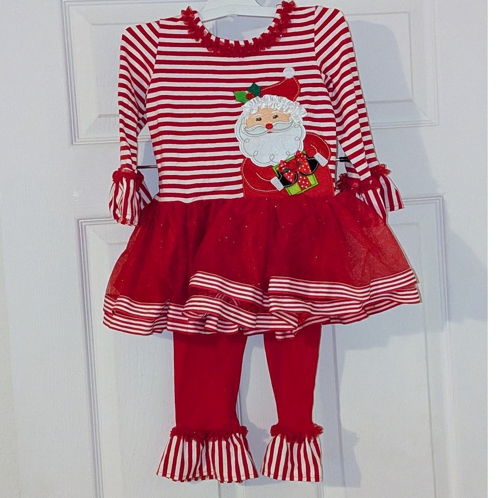 Rare Too! Girls 24M Christmas‎ Santa Striped Tutu Tunic and Ruffle Leggings Set